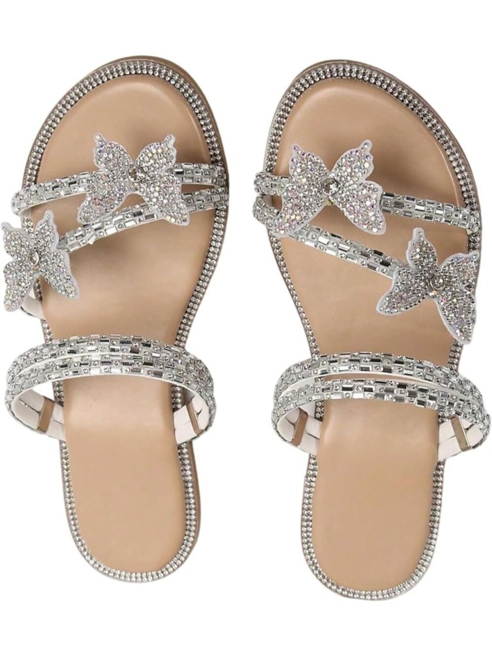 Women's Apricot Flat Loafers Sparkly Butterfly Strappy Open Toe Elegant Slides